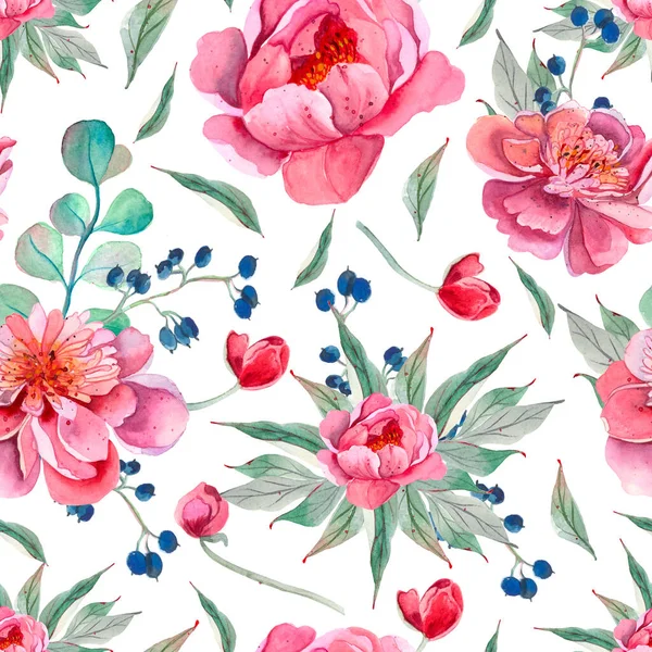 Peony Seamless Pattern floral pattern with peonies on light background, watercolor. Template design for textiles, interior, clothes, wallpaper. Botanical art