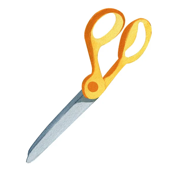 노란색 손잡이가 달린 학교 가위. 바늘 가위. 흰색 배경에 분리되어 있는 워터 컬러 삽화. — 스톡 사진