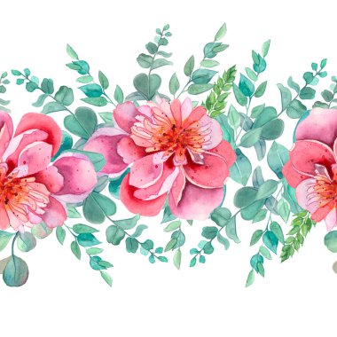 Şakayıklar, suluboya pembe çiçekler ve zümrüt yeşili yapraklar çiçeksiz sınır. Özgeçmiş, davetiye, tebrik kartı, poster, kumaş, kağıt için tekrarlanan şablon. El boyası. Beyazda izolasyon.