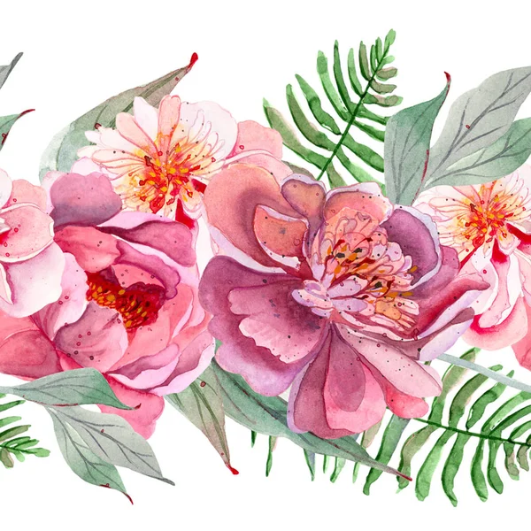 Piwonie Akwarela Różowe Kwiaty Szmaragdowe Zielone Liście Kwiatowe Bez Szwu — Zdjęcie stockowe