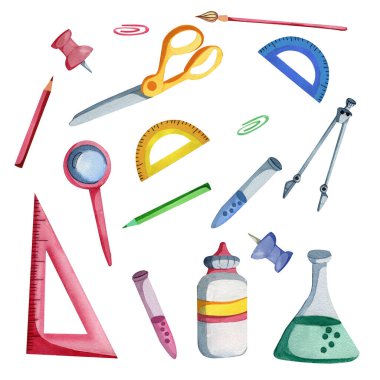 Okula geri dönen suluboya kırpma elementleri beyaz arka planda izole edilmiş, buna kitaplar, kalem, pusula, test tüpü, büyüteç, yapıştırıcı, kalem, cetvel gibi okul malzemeleri de dahil. Suluboya seti