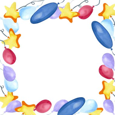 Çerçeve. Kutlamak için çerçeveli şenlikli balonlar. Beyaz arka planda renkli suluboya balonlar. Mutluluğun sembolü, bayram, neşe.