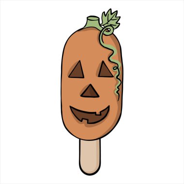 Mutlu Cadılar Bayramı çikolatalı dondurma karakterleri. Gözleri olan balkabağı şirin karalama düz vektör tatlı tatil sembolü. Hipster reklamları Cadılar Bayramı dekorasyon simgesi Clipart.