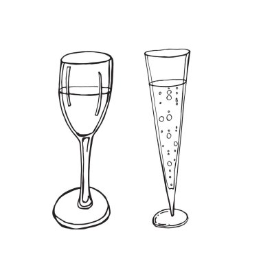 Şarap kadehi. Vektör çizimi, karalama. Şampanya, cam el çizilmiş karalama ikonu. Beyaz arkaplanda izole edilmiş yazdırma, web, mobil ve bilgi grafikleri için vektör çizimi.