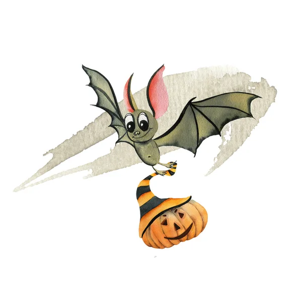 Halloween watercolor. Cute Cartoon Bat with pumpkin. Bat, pumpkin, witch hat. Autumn holiday. — Stock Photo, Image