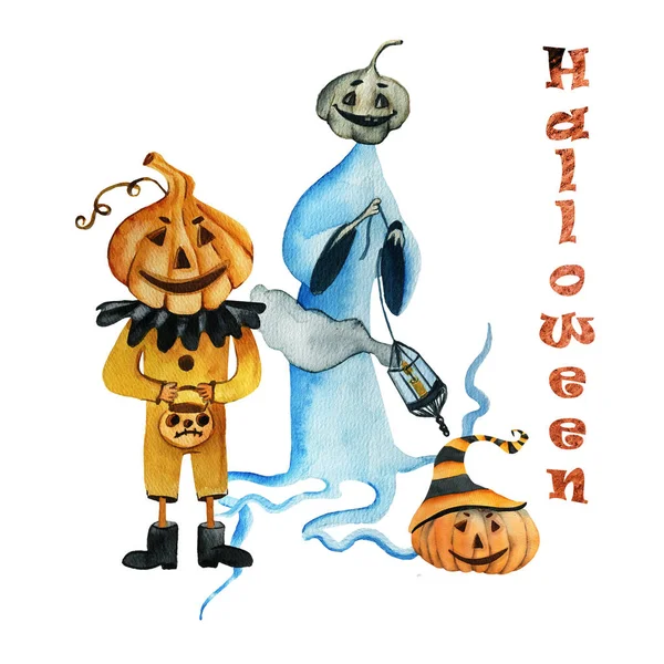 Halloween sublimace akvarel. Halloween strašidelná dýně hlava strašák, pohlednice na Halloween dovolená. — Stock fotografie