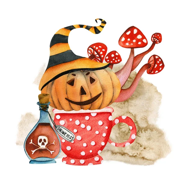 Halloween Sublimace Akvarel Dýňová Hlava Kloboukem Šálkem Amanita Muscaria Láhev — Stock fotografie