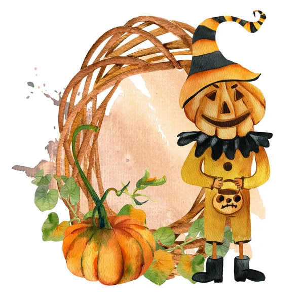 Halloween Sublimation Watercolor Halloween Scary Pumpkin Head Scarecrow Postcard Halloween — Stock Photo, Image