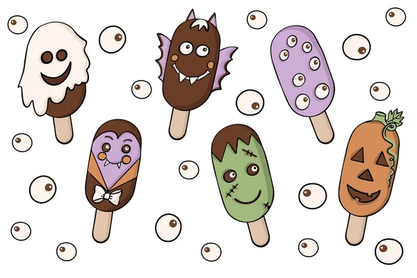 Felices amigos de Halloween helado de chocolate. Fantasma, calabaza y vampiro, ojos, Frankenstein, murciélago. — Archivo Imágenes Vectoriales