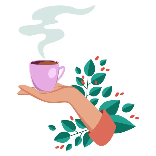 Ilustração vetorial beber café. Tea coffee break, caneca, mãos vista superior em um café. Feminino. — Vetor de Stock