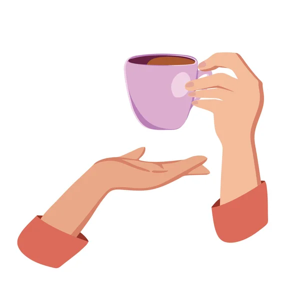 Ilustração vetorial beber café. Tea coffee break, caneca, mãos vista superior em um café. Feminino. — Vetor de Stock