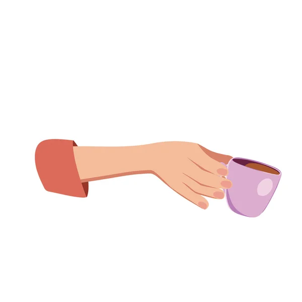 Векторная иллюстрация пьет кофе. Перерыв на чай, кружка, вид сверху на руки в кафе. Женский пол. — стоковый вектор