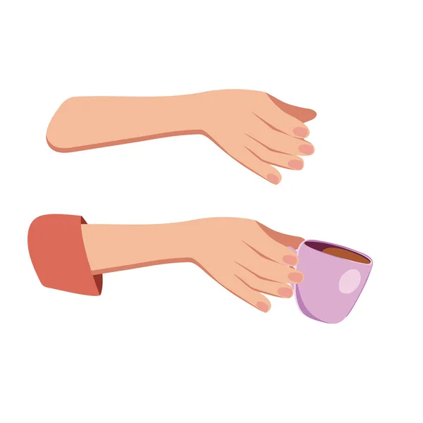 Vector illustration drinking coffee. Tea coffee break, mug, hands top view in a cafe. Female. — Stock Vector