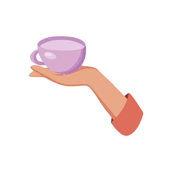 Ilustração vetorial beber café. Tea coffee break, caneca, mãos vista superior em um café. Feminino. — Vetor de Stock