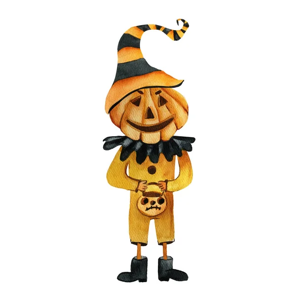 Halloween sublimation watercolor. Halloween scary pumpkin head scarecrow, postcard for Halloween holiday. — Stock Photo, Image