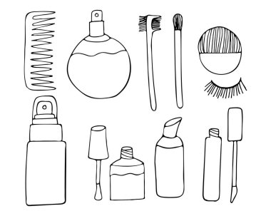 Makyaj karalama simgeleri toplaması. El yapımı makyaj ikonları koleksiyonu. Vektör içinde karalama kozmetik simgeleri kümesi. El yapımı poz, toz, ayna, pomade, makyaj fırçası, tırnak cilası simgeleri