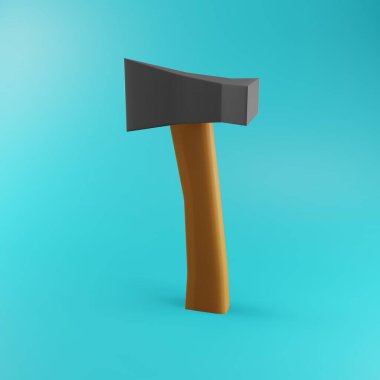 Axe 3D illüstrasyon. 3 boyutlu balta simgesi. Ahşap balta simgesi mavi arkaplanda izole edildi. Oduncu baltası..