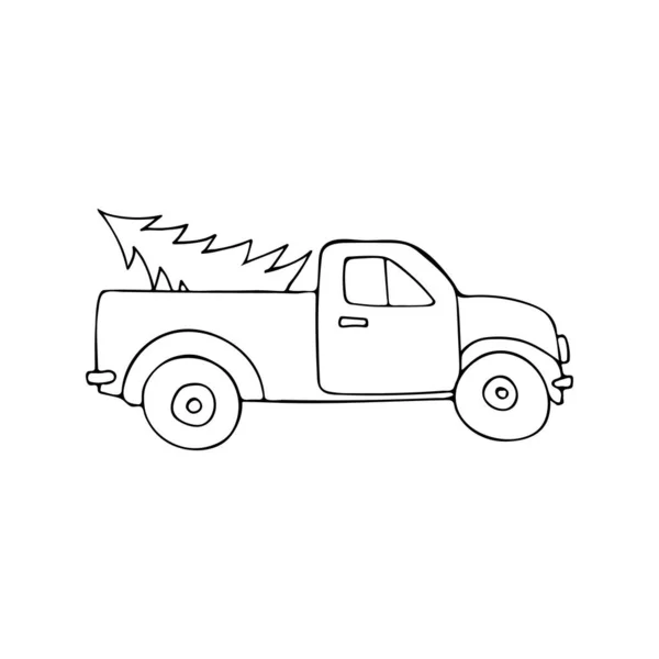 Doodle Pickup Truck Mit Weihnachtsbaum Illustration Vektor Handgezeichneter Pickup Mit — Stockvektor