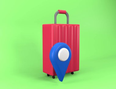 İçinde konum simgesi olan 3D valiz. 3D bavul konumlandırılıyor