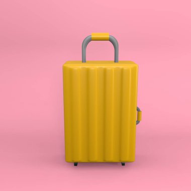 3D valiz çizimi. 3D bavul çizimi. Sarı seyahat çantası 3D illüstrasyon