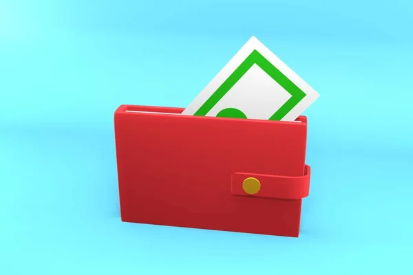 3D红色皮夹 蓝色背景上孤立有纸币现金 现金储蓄符号 — 图库照片