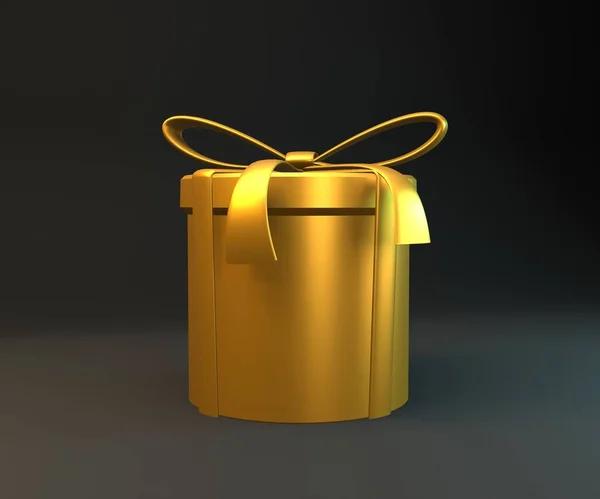 3D金色礼品盒 金丝带图解 带彩带的金椭圆形礼品盒三维渲染图解 — 图库照片
