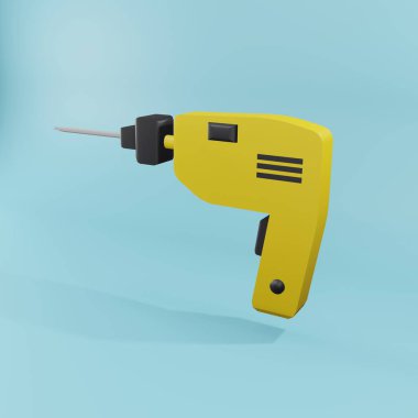 3D işlemeli sarı sondaj çizimi. Mavi arka planda izole edilmiş 3 boyutlu sondaj çizimi. 3B sondaj simgesi