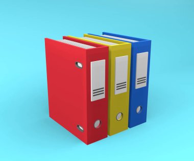 3D renkli ofis klasörleri çizimi. Renkli ofis klasörünün 3D görüntüsü. 3d belge illüstrasyonları