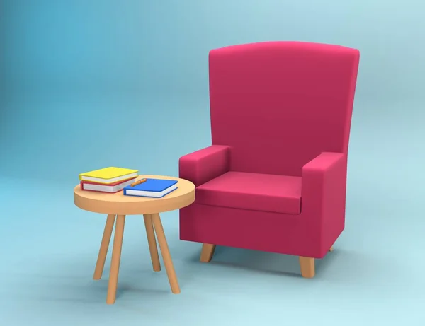 Rendering Fauteuil Illustratie Met Tafel Boeken Illustratie Van Fauteuil Tafel — Stockfoto