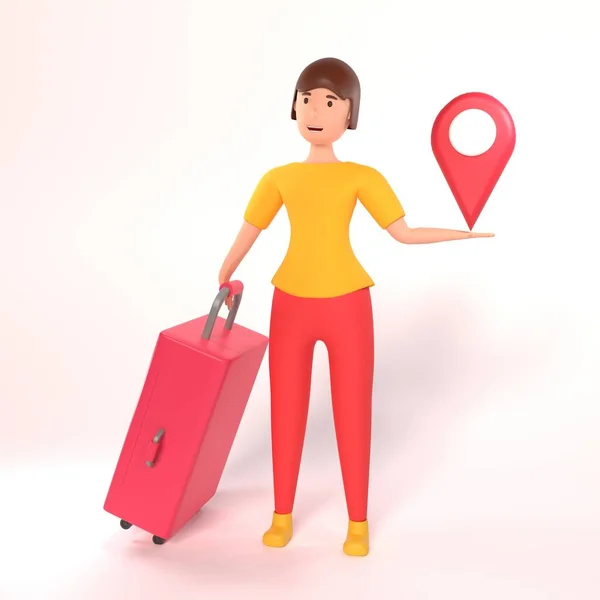 Illustration Femme Voyageur Avec Icône Localisation Bagages Illustration Femme Isolée — Photo