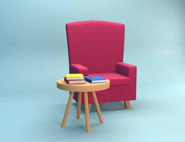 Rendering Fauteuil Illustratie Met Tafel Boeken Illustratie Van Fauteuil Tafel — Stockfoto