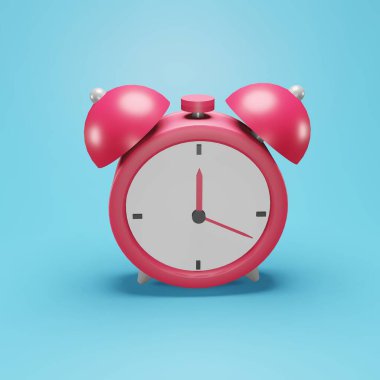 Mavi arkaplanda 3 boyutlu alarm saati çizimi. İzole edilmiş 3 boyutlu alarm saat simgesi. 3D alarmlı saatin izole bir çizimi