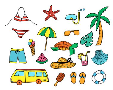 Renkli karalama yaz çizim koleksiyonu. Renkli karalama yaz ikonları seti. Renkli seyahat simgeleri ayarlandı. Yaz simgesi seti.