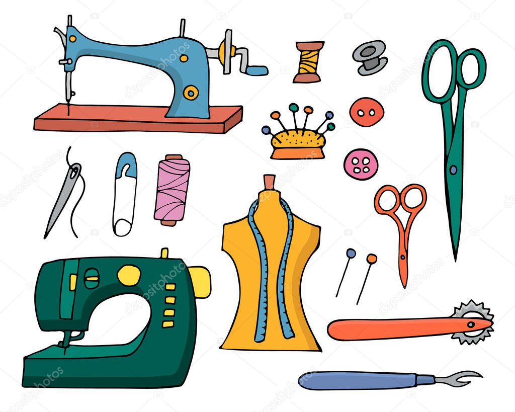Dressmaker colorful doodle illustrations collection in vector. Colorful dressmaker icons collection. Sewing tools colorful doodle illustrations set. Sewing machine, dummy, scissors and instruments