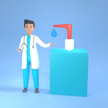 Hijyen sabunlu 3 boyutlu doktor illüstrasyonu. Doktor 3D, sabunla illüstrasyon hazırlıyor. Doktorla el hijyeni konsepti