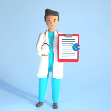 Doktorun üç boyutlu resmi. Doktor 3 boyutlu illüstrasyon. Doktor çizimleri reçete kağıdına işaret ediyor. Fizik ve kağıt kopyalama alanı ile 3D tıbbi konsept