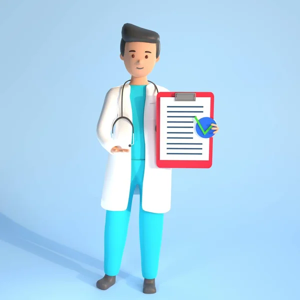 Doktorun üç boyutlu resmi. Doktor 3 boyutlu illüstrasyon. Doktor çizimleri reçete kağıdına işaret ediyor. Fizik ve kağıt kopyalama alanı ile 3D tıbbi konsept