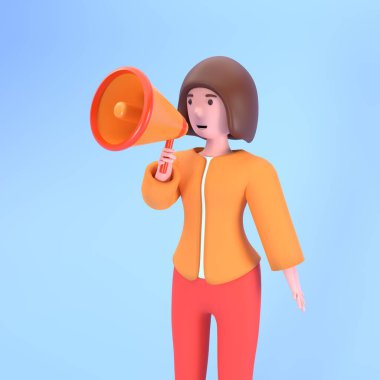 Hoparlörden genç bir iş kadınının 3 boyutlu resmi açıklanıyor. Elinde hoparlör tutan bağıran kadının 3 boyutlu görüntüsü.