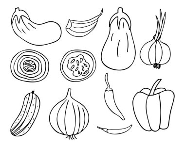 Sebze ikonlarının vektör olarak toplanması. Vektör olarak el yapımı sebze ikonu koleksiyonu. Kek sebze çizim seti