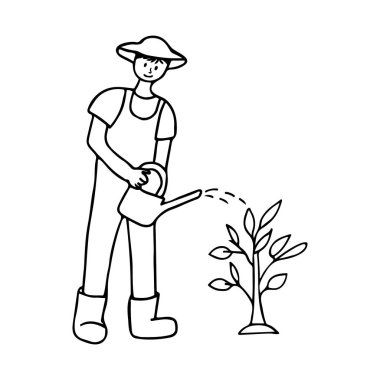 Bahçıvanın ağacı su bidonuyla sulamasının karalama çizimi. Ağacı su bidonuyla sulayan el çizimi bahçıvan çizimi. Bahçede çalışan bahçıvan.