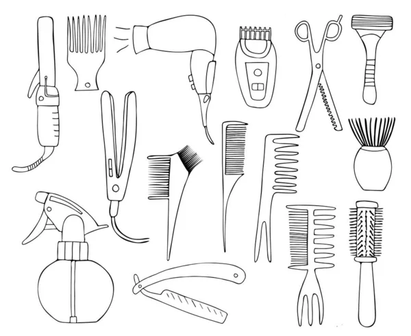Elle çizilmiş kuaför çizimleri koleksiyonu. Doodle kuaför ikonları koleksiyonu. Doodle berber araç simgeleri koleksiyonu