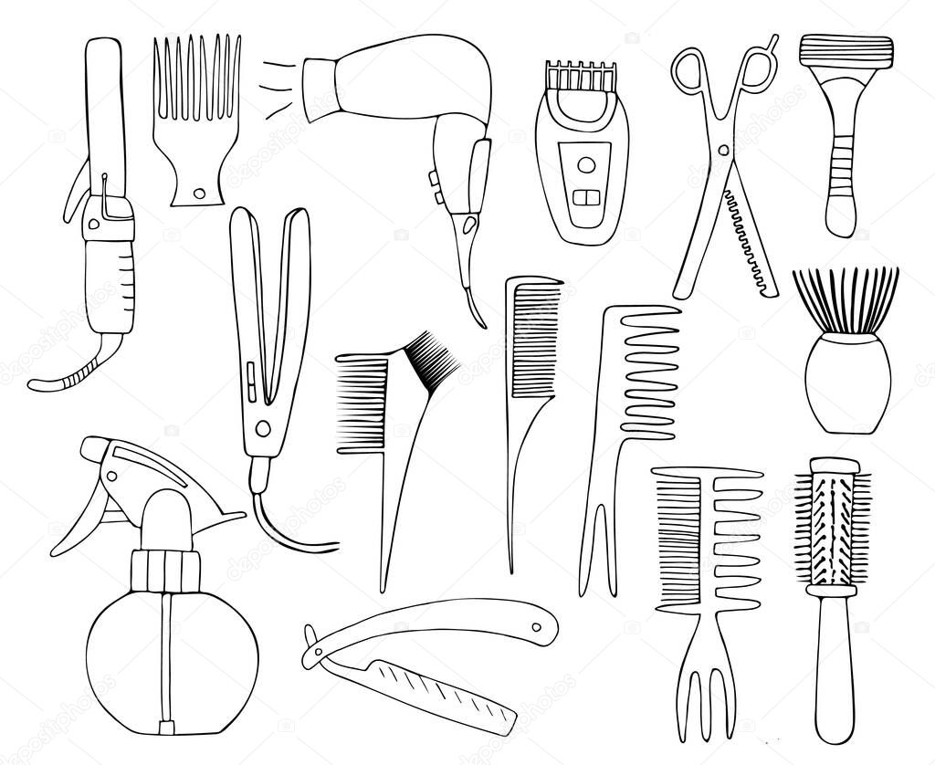 Hand drawn hair dresser illustrations collection in vector. Doodle hair dresser icons collection. Doodle barber tools icons collection