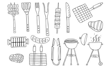 Doodle barbekü ikonları koleksiyonu. El yapımı barbekü ikonları koleksiyonu. Barbekü çizimleri vektör olarak ayarlandı. Doodle bbq simgeleri ayarlandı