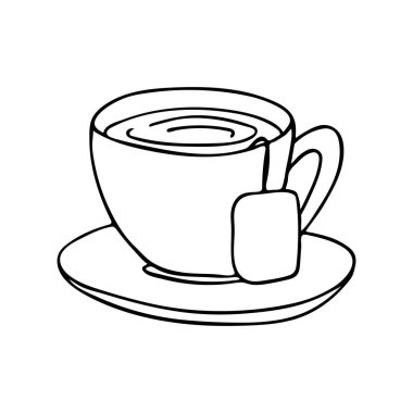 Çay poşeti illüstrasyonlu çay fincanı. Elle çizilmiş çay fincanı çizimi. Çay fincanı ve çay poşeti konsepti.