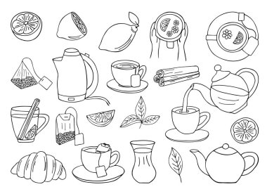 El çizimi çay ikonları koleksiyonu. Doodle çay ikonları koleksiyonu. El çizimi çay çizimleri..