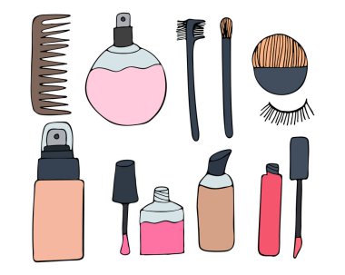 Vektör olarak renkli makyaj illüstrasyonu koleksiyonu. Renkli karalama makyaj ikonları koleksiyonları. Vektör içinde kozmetik simgeleri kümesi. Pomade, toz, ayna, pomade, makyaj fırçası