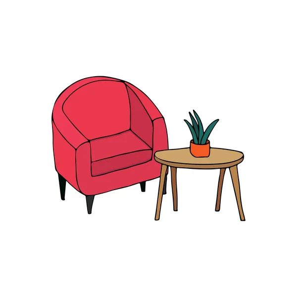 Bunte Illustration Eines Sessels Mit Tisch Und Blume Darauf Bunte — Stockvektor