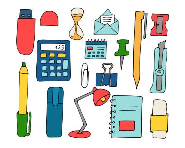 Renkli karalama ofisi vektör içinde resim koleksiyonu sağlar. Renkli ofis ikonları koleksiyonu. Doodle ofis malzemeleri çizimleri seti. Lamba, hesap makinesi, kalem, ataç tasviri