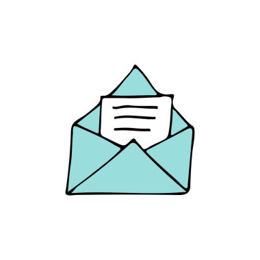 İçinde mektup olan renkli bir zarf. Renkli karalama zarfın içinde bir mektup ile açıldı. Mektupların renkli illüstrasyonu