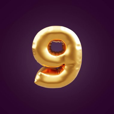 Altın üç boyutlu dokuz resimli. 3 boyutlu 9 numaralı folyolu altın balon çizimi. 3D altın numara 9 resim